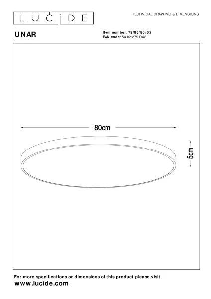 Lucide UNAR - Flush ceiling light - Ø 80 cm - LED Dim. - 1x80W 2700K - 3 StepDim - Matt Gold / Brass - technical